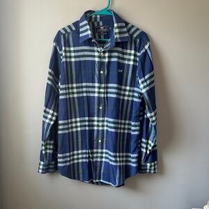 Vineyard Vines slim fit whale shirt plaid flannel Navy and Green mens size large